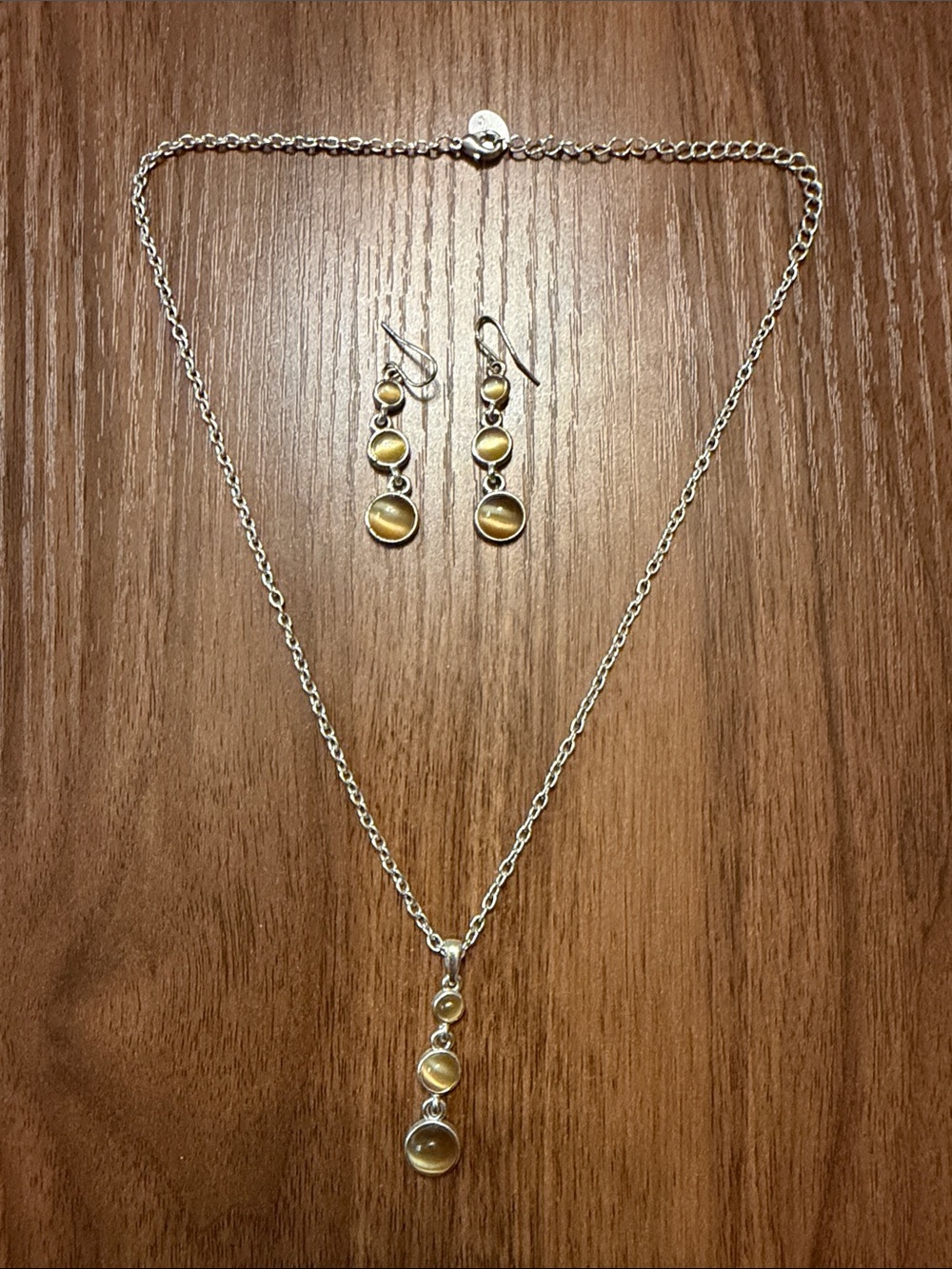 Fashion Jewelry- Silver Necklace and Drop Earrings Set with Yellow Gemstones
